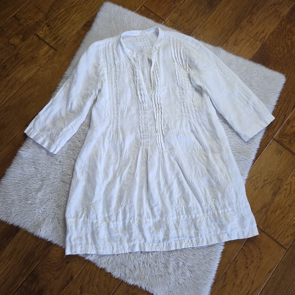 CP Shades Linen Embroidered Tunic Mini Dress Women's Small White Pintuck